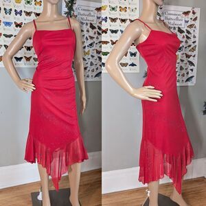 Vintage 90s y2k City Triangles Red Midi Dress Glitter Siren Fairy Asymmetrical M
